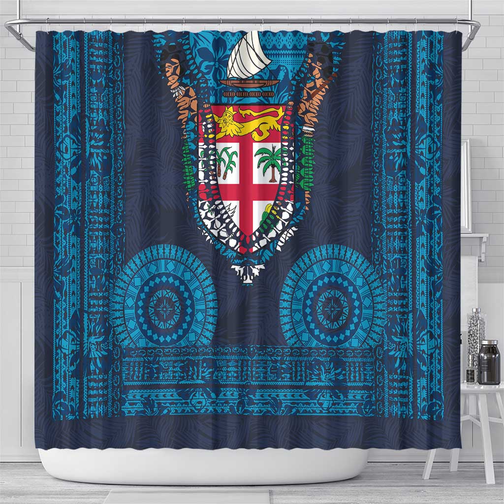 Fiji Coat of Arms Traditional Dashiki Shower Curtain Tapa Art and Palm Leaves Pattern Dark Navy Color LT03 - Polynesian Pride