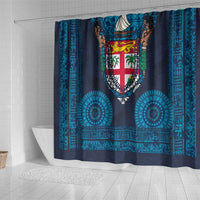 Fiji Coat of Arms Traditional Dashiki Shower Curtain Tapa Art and Palm Leaves Pattern Dark Navy Color LT03 - Polynesian Pride