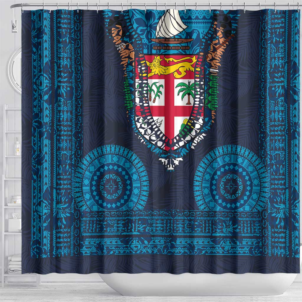 Fiji Coat of Arms Traditional Dashiki Shower Curtain Tapa Art and Palm Leaves Pattern Dark Navy Color LT03 - Polynesian Pride
