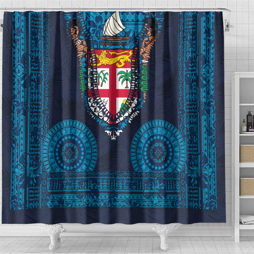 Fiji Coat of Arms Traditional Dashiki Shower Curtain Tapa Art and Palm Leaves Pattern Dark Navy Color LT03 - Polynesian Pride