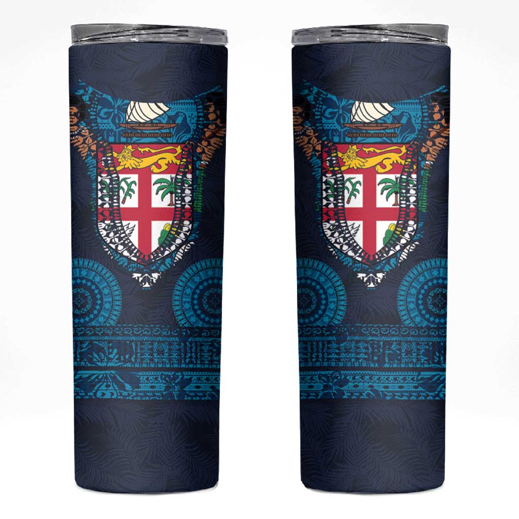 Fiji Coat of Arms Traditional Dashiki Skinny Tumbler Tapa Art and Palm Leaves Pattern Dark Navy Color LT03 Navy - Polynesian Pride