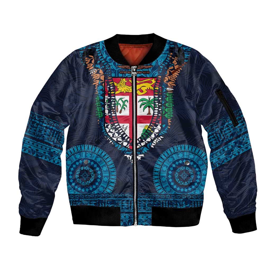 Fiji Coat of Arms Traditional Dashiki Sleeve Zip Bomber Jacket Tapa Art and Palm Leaves Pattern Dark Navy Color LT03 Unisex Navy - Polynesian Pride