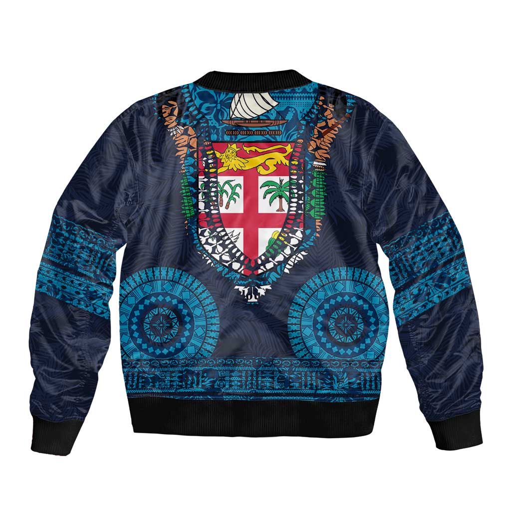 Fiji Coat of Arms Traditional Dashiki Sleeve Zip Bomber Jacket Tapa Art and Palm Leaves Pattern Dark Navy Color LT03 - Polynesian Pride