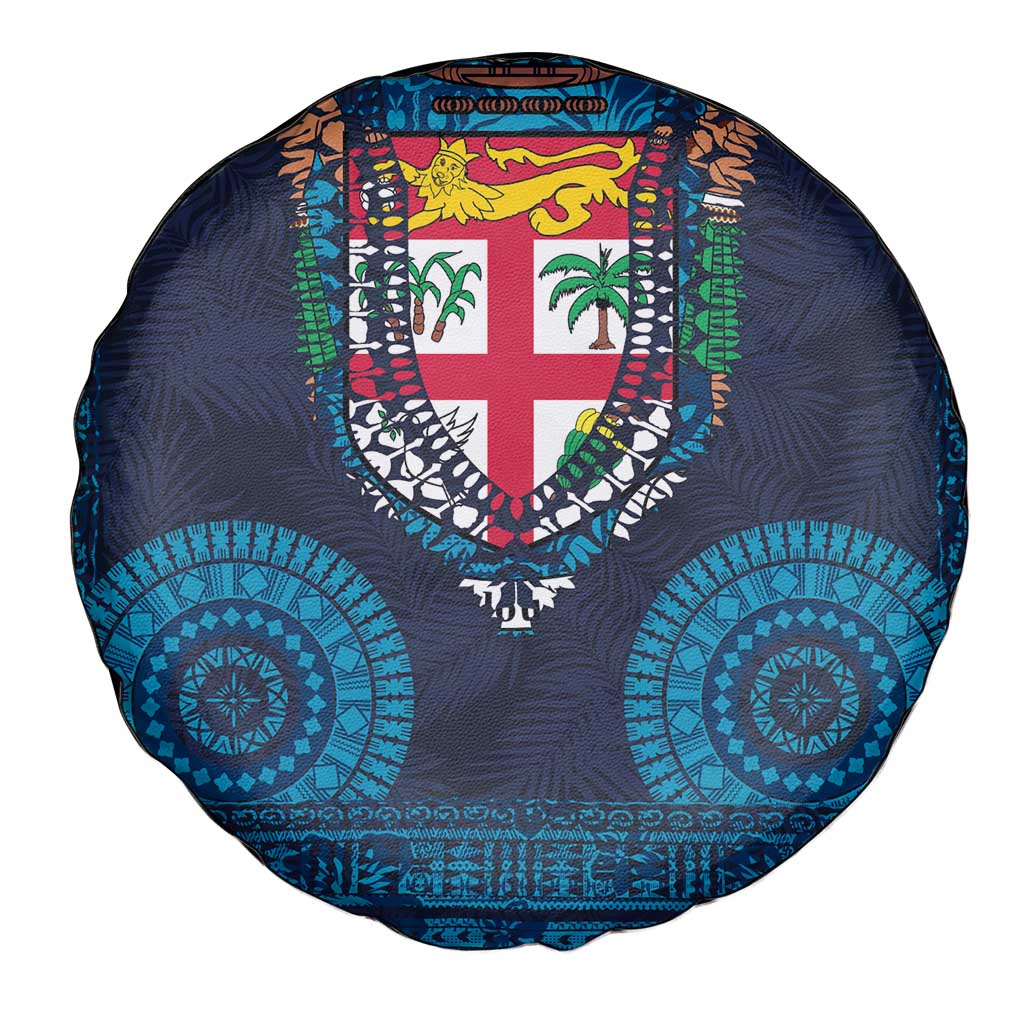 Fiji Coat of Arms Traditional Dashiki Spare Tire Cover Tapa Art and Palm Leaves Pattern Dark Navy Color LT03 - Polynesian Pride