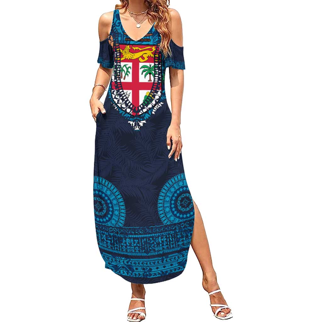 Fiji Coat of Arms Traditional Dashiki Summer Maxi Dress Tapa Art and Palm Leaves Pattern Dark Navy Color LT03 Women Navy - Polynesian Pride