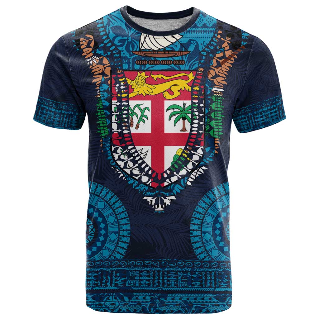 Fiji Coat of Arms Traditional Dashiki T Shirt Tapa Art and Palm Leaves Pattern Dark Navy Color LT03 Navy - Polynesian Pride