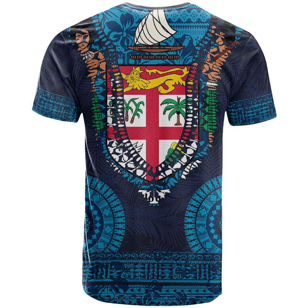 Fiji Coat of Arms Traditional Dashiki T Shirt Tapa Art and Palm Leaves Pattern Dark Navy Color LT03 - Polynesian Pride