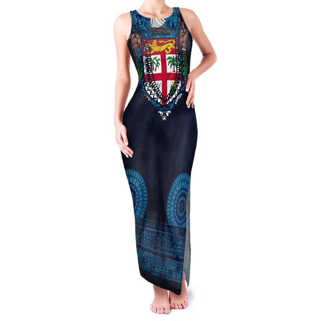 Fiji Coat of Arms Traditional Dashiki Tank Maxi Dress Tapa Art and Palm Leaves Pattern Dark Navy Color LT03 Women Navy - Polynesian Pride