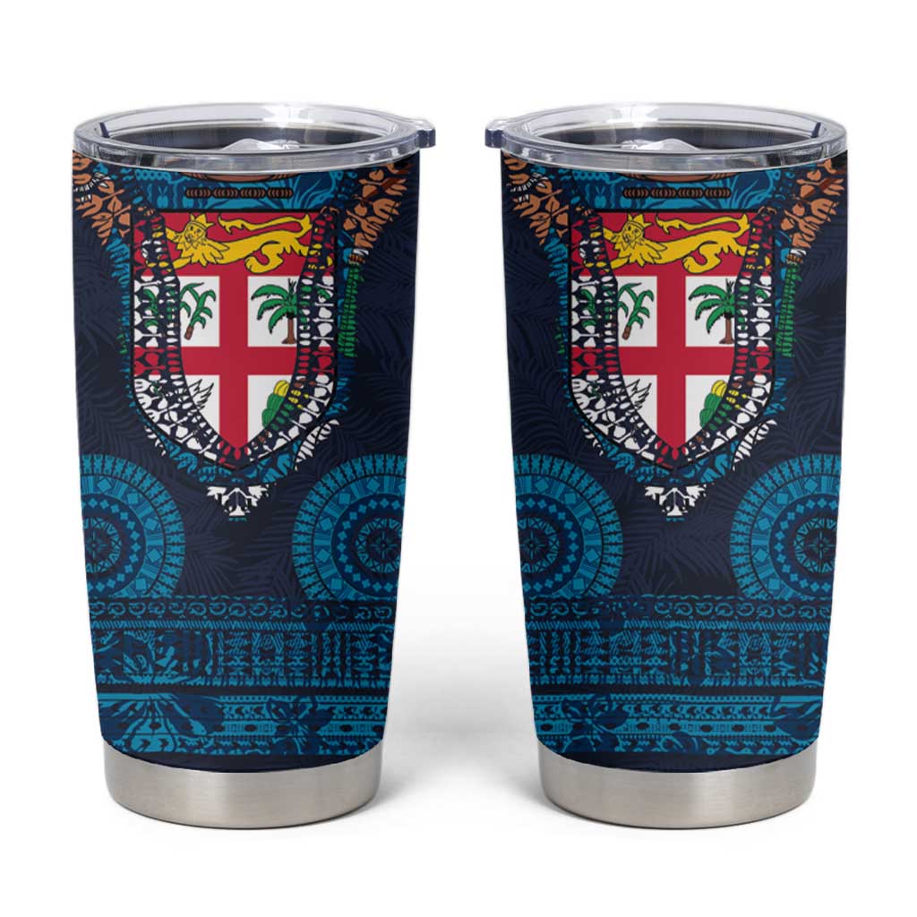 Fiji Coat of Arms Traditional Dashiki Tumbler Cup Tapa Art and Palm Leaves Pattern Dark Navy Color LT03 Navy - Polynesian Pride