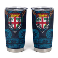 Fiji Coat of Arms Traditional Dashiki Tumbler Cup Tapa Art and Palm Leaves Pattern Dark Navy Color LT03 Navy - Polynesian Pride