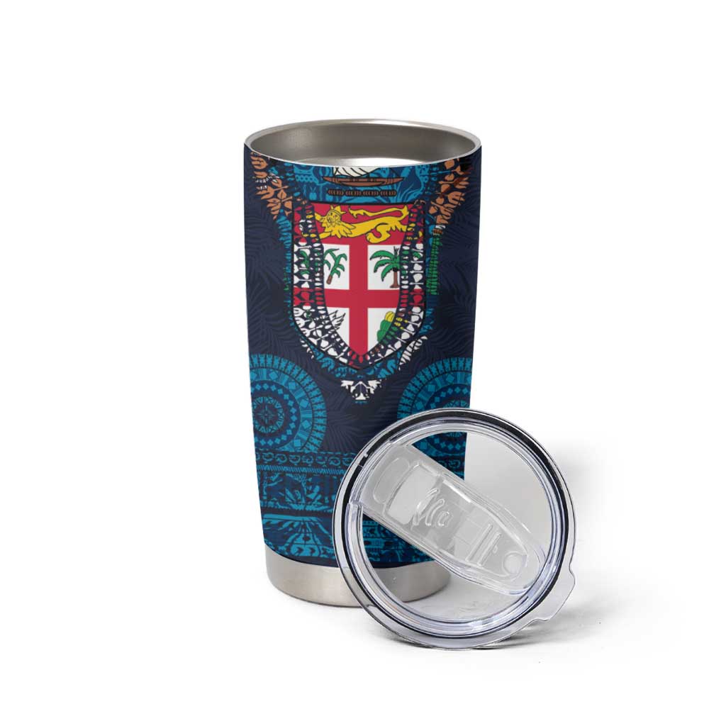 Fiji Coat of Arms Traditional Dashiki Tumbler Cup Tapa Art and Palm Leaves Pattern Dark Navy Color LT03 - Polynesian Pride