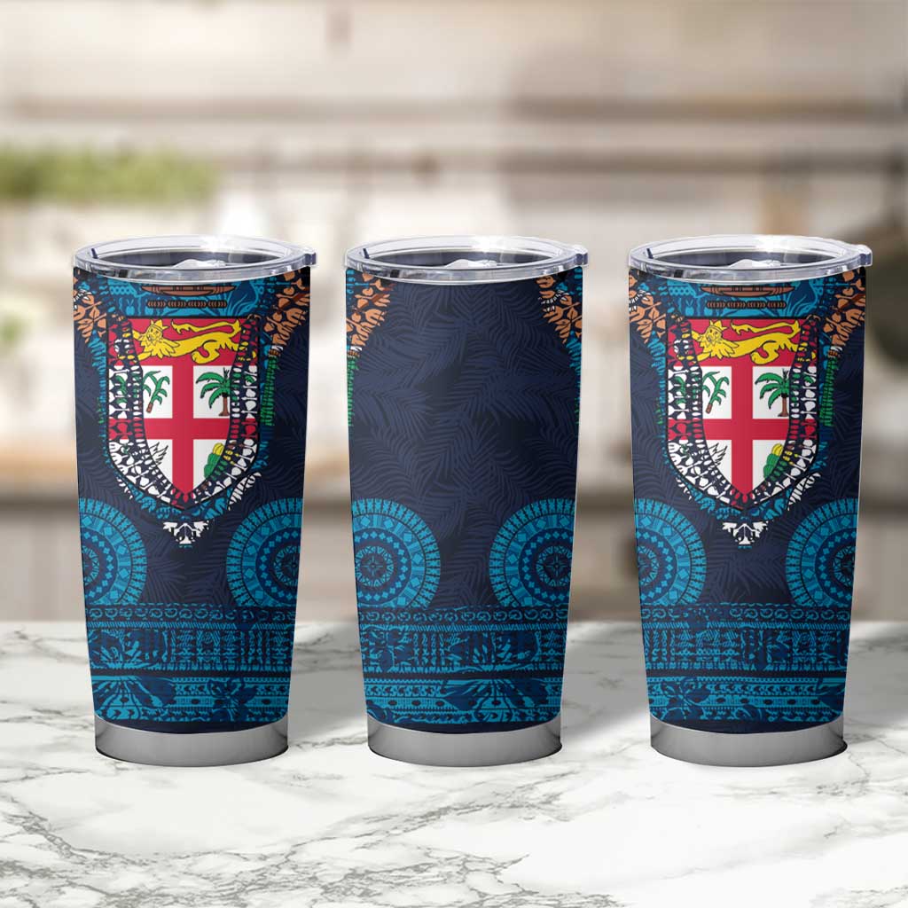 Fiji Coat of Arms Traditional Dashiki Tumbler Cup Tapa Art and Palm Leaves Pattern Dark Navy Color LT03 - Polynesian Pride