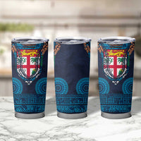 Fiji Coat of Arms Traditional Dashiki Tumbler Cup Tapa Art and Palm Leaves Pattern Dark Navy Color LT03 - Polynesian Pride