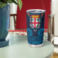 Fiji Coat of Arms Traditional Dashiki Tumbler Cup Tapa Art and Palm Leaves Pattern Dark Navy Color LT03 - Polynesian Pride