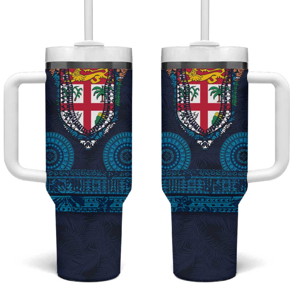 Fiji Coat of Arms Traditional Dashiki Tumbler With Handle Tapa Art and Palm Leaves Pattern Dark Navy Color LT03 One Size: 40 oz Navy - Polynesian Pride