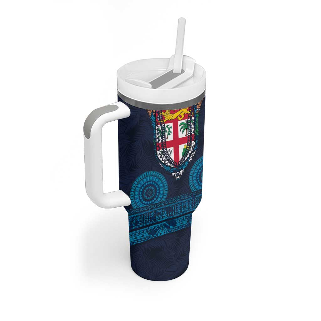 Fiji Coat of Arms Traditional Dashiki Tumbler With Handle Tapa Art and Palm Leaves Pattern Dark Navy Color LT03 - Polynesian Pride