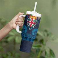 Fiji Coat of Arms Traditional Dashiki Tumbler With Handle Tapa Art and Palm Leaves Pattern Dark Navy Color LT03 - Polynesian Pride