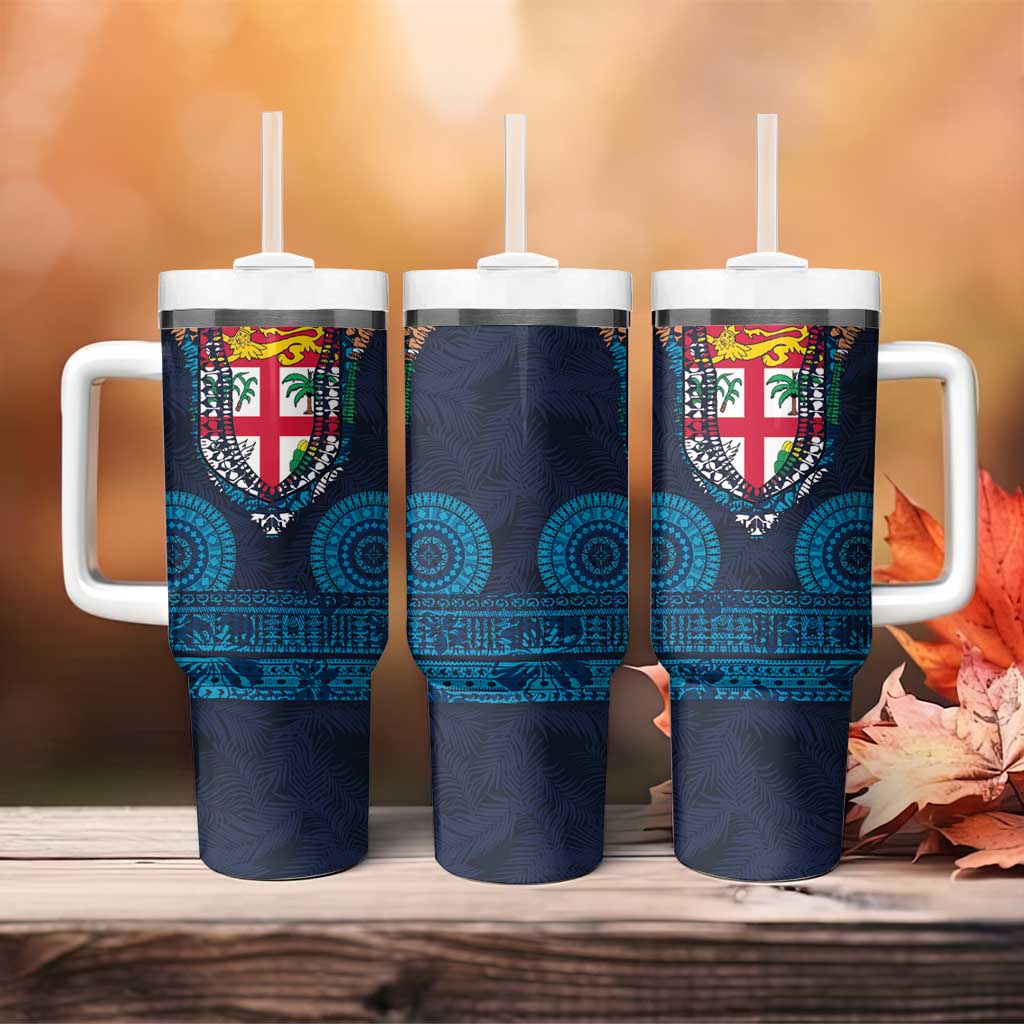 Fiji Coat of Arms Traditional Dashiki Tumbler With Handle Tapa Art and Palm Leaves Pattern Dark Navy Color LT03 - Polynesian Pride