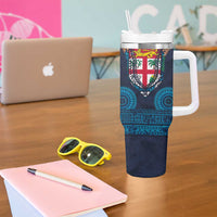 Fiji Coat of Arms Traditional Dashiki Tumbler With Handle Tapa Art and Palm Leaves Pattern Dark Navy Color LT03 - Polynesian Pride