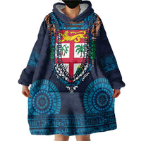 Fiji Coat of Arms Traditional Dashiki Wearable Blanket Hoodie Tapa Art and Palm Leaves Pattern Dark Navy Color LT03 - Polynesian Pride