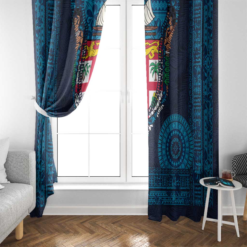 Fiji Coat of Arms Traditional Dashiki Window Curtain Tapa Art and Palm Leaves Pattern Dark Navy Color LT03 - Polynesian Pride