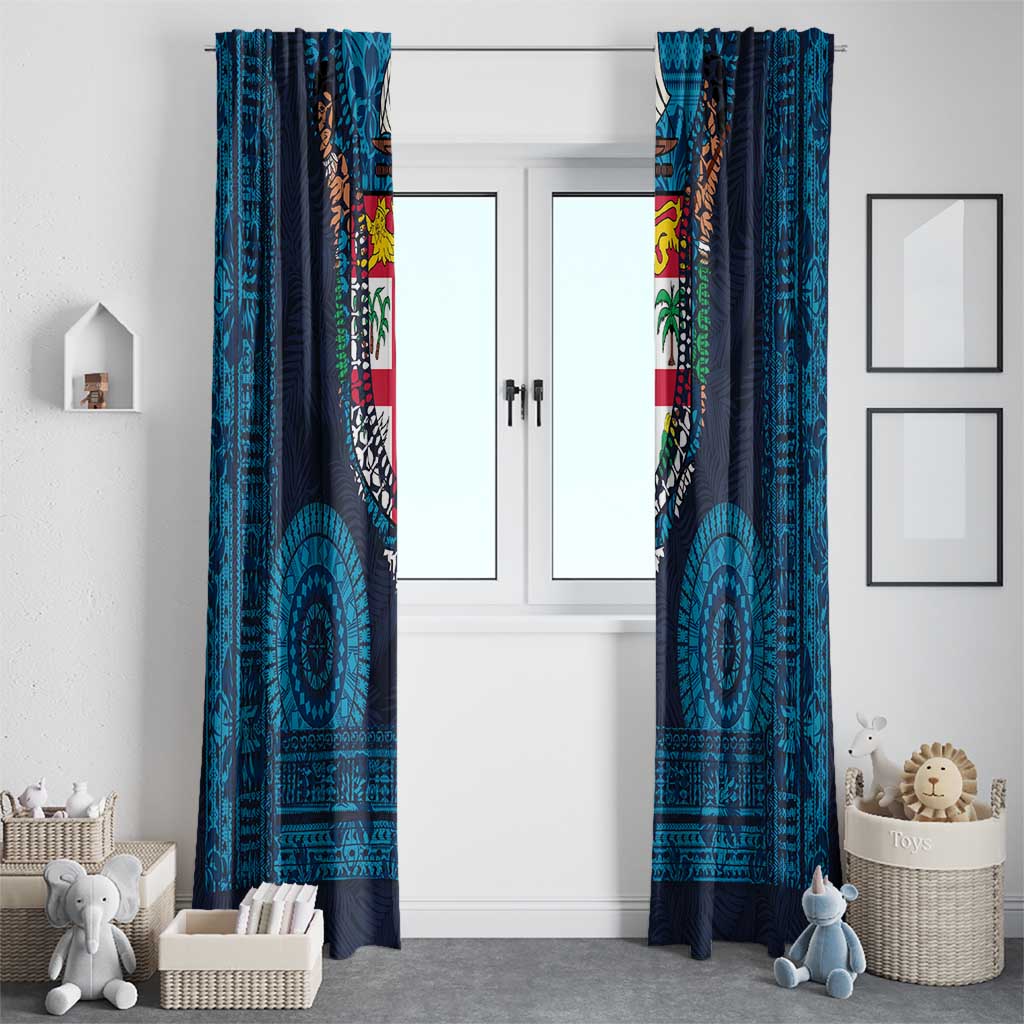 Fiji Coat of Arms Traditional Dashiki Window Curtain Tapa Art and Palm Leaves Pattern Dark Navy Color LT03 - Polynesian Pride