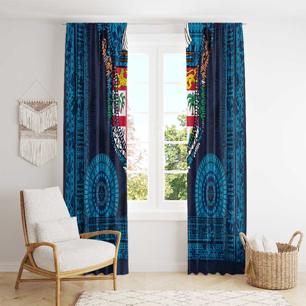 Fiji Coat of Arms Traditional Dashiki Window Curtain Tapa Art and Palm Leaves Pattern Dark Navy Color LT03 - Polynesian Pride