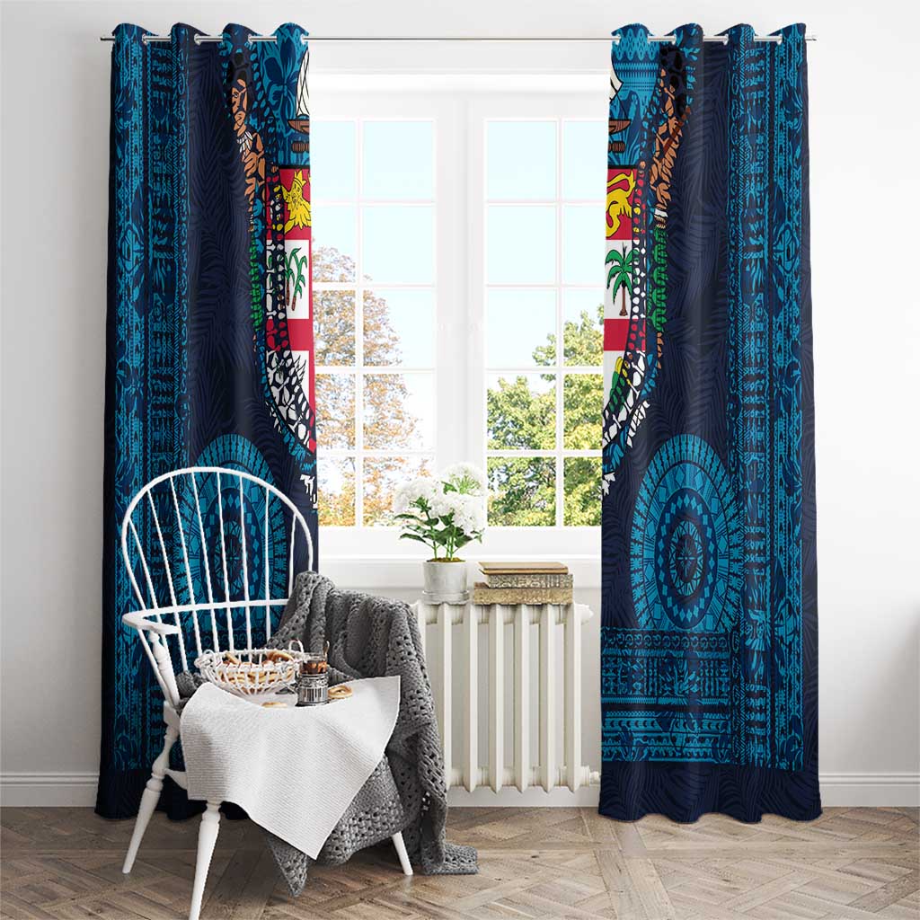 Fiji Coat of Arms Traditional Dashiki Window Curtain Tapa Art and Palm Leaves Pattern Dark Navy Color LT03 - Polynesian Pride