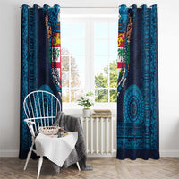 Fiji Coat of Arms Traditional Dashiki Window Curtain Tapa Art and Palm Leaves Pattern Dark Navy Color LT03 - Polynesian Pride