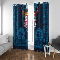 Fiji Coat of Arms Traditional Dashiki Window Curtain Tapa Art and Palm Leaves Pattern Dark Navy Color LT03 With Grommets Navy - Polynesian Pride