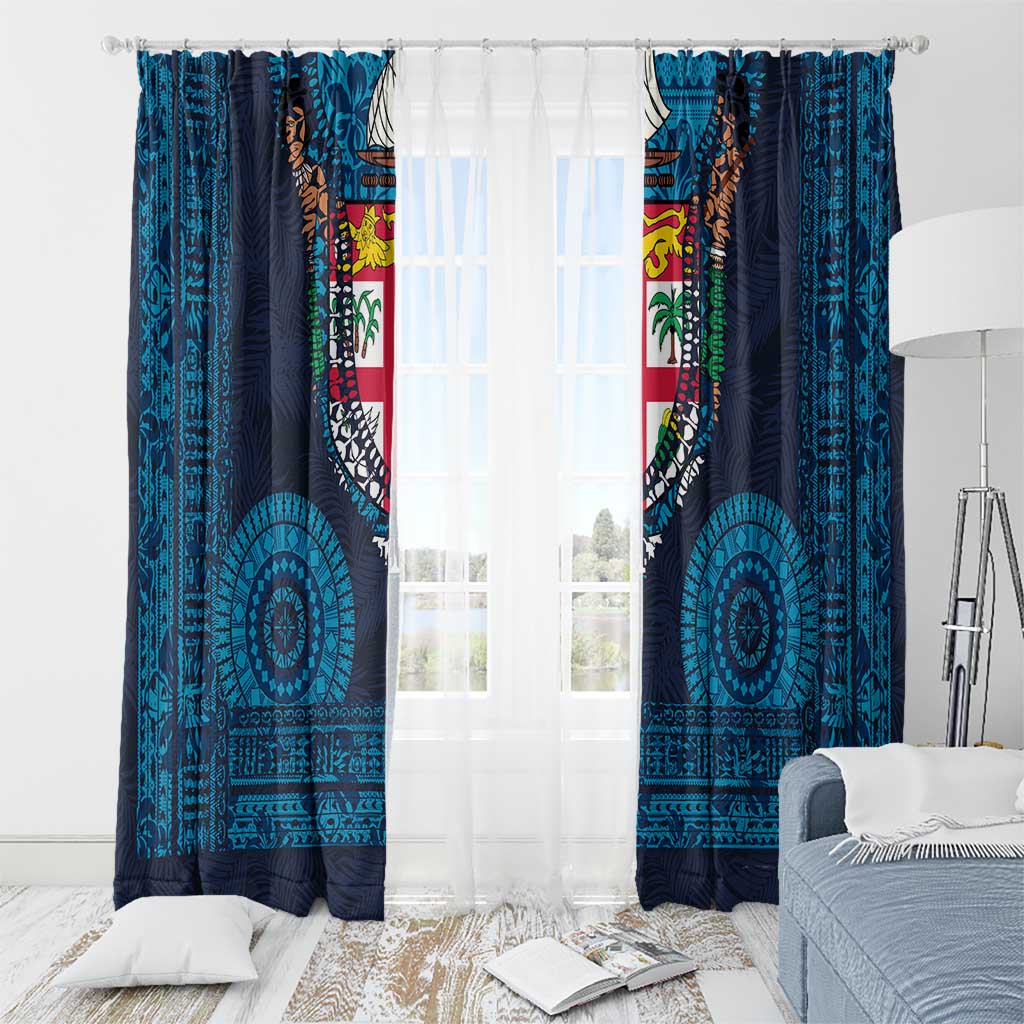 Fiji Coat of Arms Traditional Dashiki Window Curtain Tapa Art and Palm Leaves Pattern Dark Navy Color LT03 - Polynesian Pride