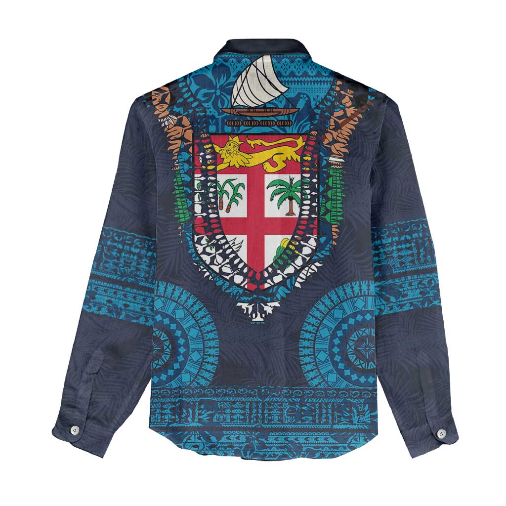 Fiji Coat of Arms Traditional Dashiki Women Casual Shirt Tapa Art and Palm Leaves Pattern Dark Navy Color LT03 - Polynesian Pride