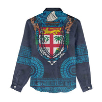 Fiji Coat of Arms Traditional Dashiki Women Casual Shirt Tapa Art and Palm Leaves Pattern Dark Navy Color LT03 - Polynesian Pride