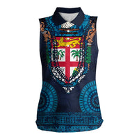 Fiji Coat of Arms Traditional Dashiki Women Sleeveless Polo Shirt Tapa Art and Palm Leaves Pattern Dark Navy Color LT03 Female Navy - Polynesian Pride
