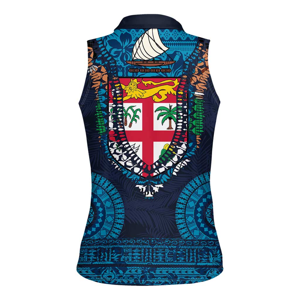Fiji Coat of Arms Traditional Dashiki Women Sleeveless Polo Shirt Tapa Art and Palm Leaves Pattern Dark Navy Color LT03 - Polynesian Pride