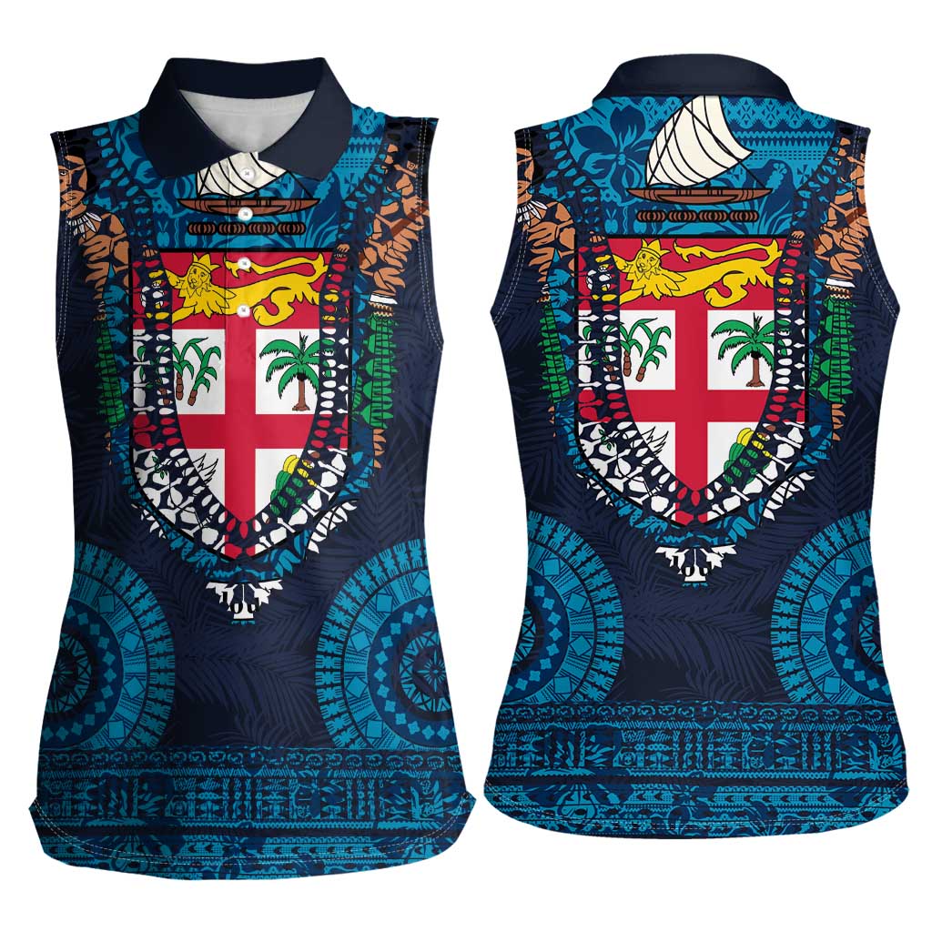 Fiji Coat of Arms Traditional Dashiki Women Sleeveless Polo Shirt Tapa Art and Palm Leaves Pattern Dark Navy Color LT03 - Polynesian Pride
