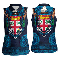Fiji Coat of Arms Traditional Dashiki Women Sleeveless Polo Shirt Tapa Art and Palm Leaves Pattern Dark Navy Color LT03 - Polynesian Pride