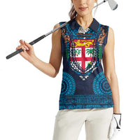 Fiji Coat of Arms Traditional Dashiki Women Sleeveless Polo Shirt Tapa Art and Palm Leaves Pattern Dark Navy Color LT03 - Polynesian Pride