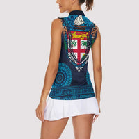 Fiji Coat of Arms Traditional Dashiki Women Sleeveless Polo Shirt Tapa Art and Palm Leaves Pattern Dark Navy Color LT03 - Polynesian Pride