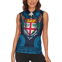 Fiji Coat of Arms Traditional Dashiki Women Sleeveless Polo Shirt Tapa Art and Palm Leaves Pattern Dark Navy Color LT03 - Polynesian Pride