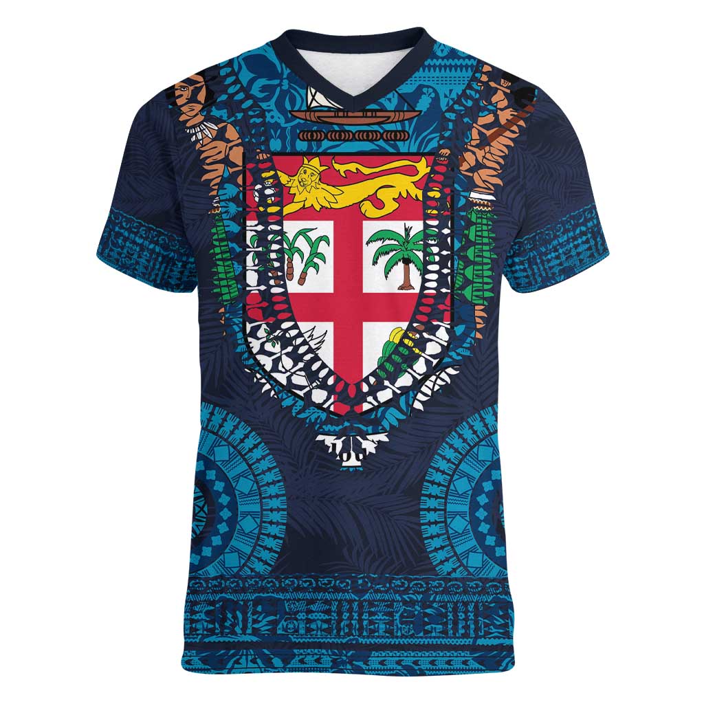 Fiji Coat of Arms Traditional Dashiki Women V-Neck T-Shirt Tapa Art and Palm Leaves Pattern Dark Navy Color LT03 Female Navy - Polynesian Pride