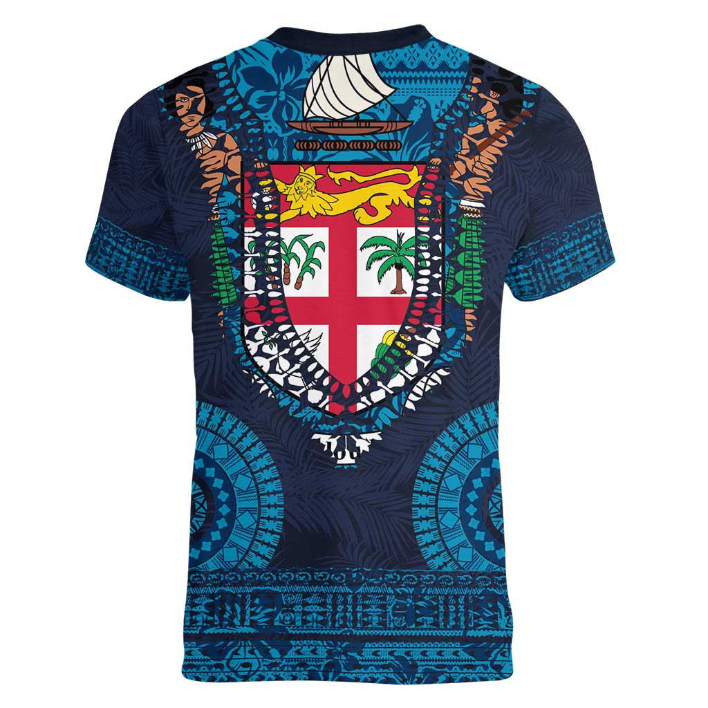 Fiji Coat of Arms Traditional Dashiki Women V-Neck T-Shirt Tapa Art and Palm Leaves Pattern Dark Navy Color LT03 - Polynesian Pride