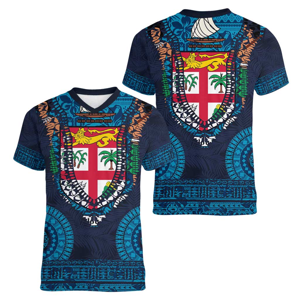 Fiji Coat of Arms Traditional Dashiki Women V-Neck T-Shirt Tapa Art and Palm Leaves Pattern Dark Navy Color LT03 - Polynesian Pride