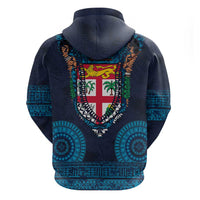 Fiji Coat of Arms Traditional Dashiki Zip Hoodie Tapa Art and Palm Leaves Pattern Dark Navy Color LT03 - Polynesian Pride