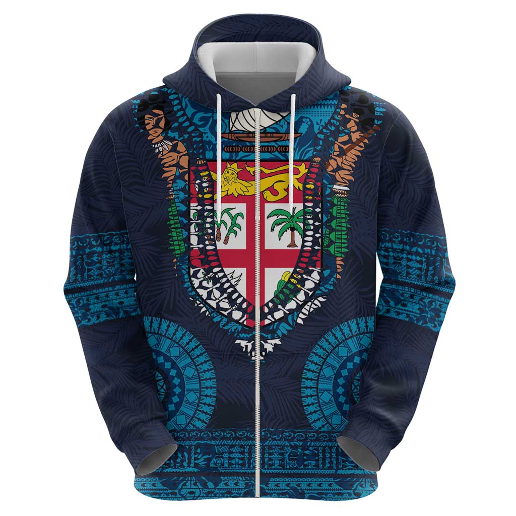 Fiji Coat of Arms Traditional Dashiki Zip Hoodie Tapa Art and Palm Leaves Pattern Dark Navy Color LT03 - Polynesian Pride