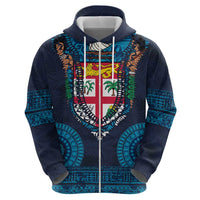 Fiji Coat of Arms Traditional Dashiki Zip Hoodie Tapa Art and Palm Leaves Pattern Dark Navy Color LT03 - Polynesian Pride