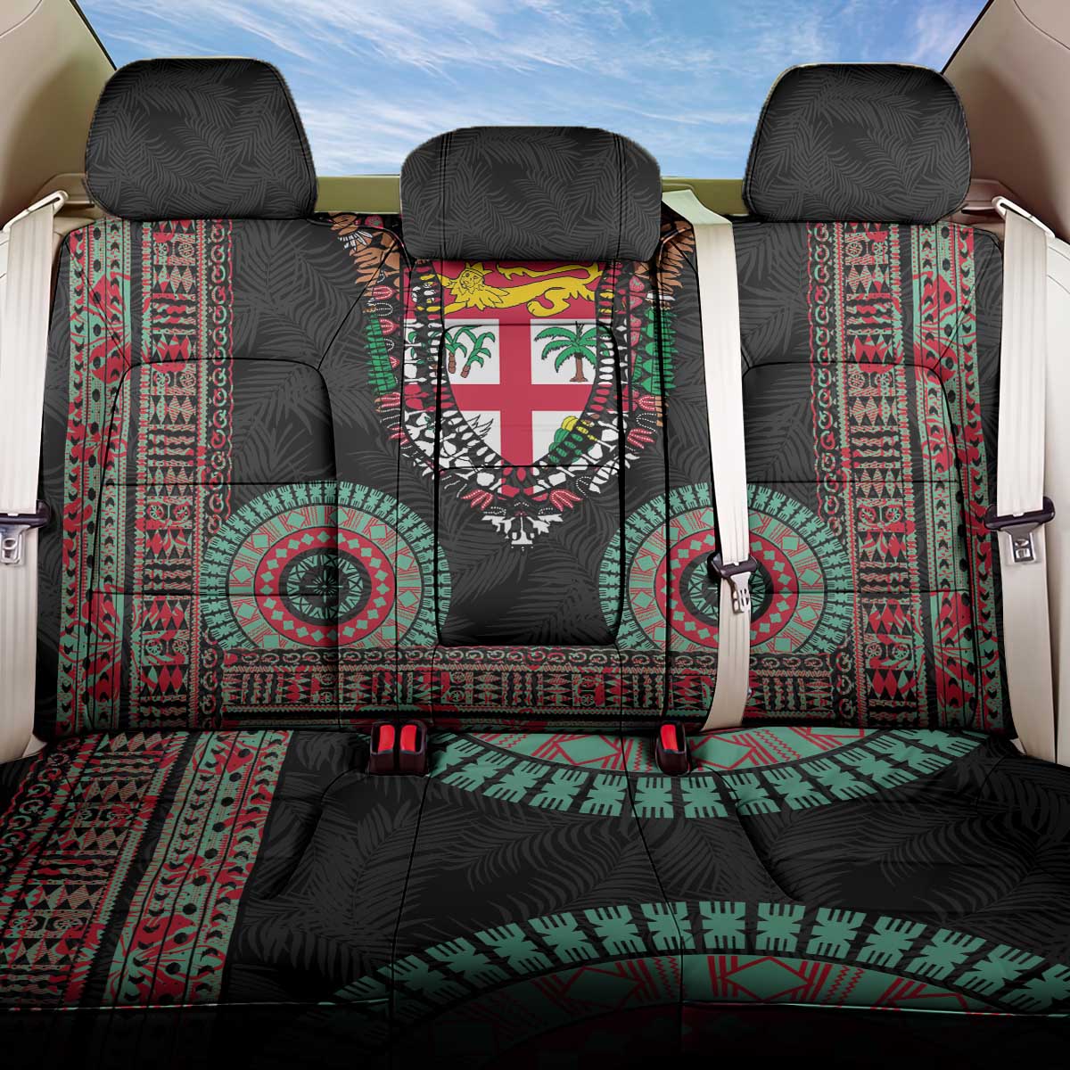 Fiji Coat of Arms Traditional Dashiki Back Car Seat Cover Tapa Art and Palm Leaves Pattern Black Color LT03 One Size Black - Polynesian Pride