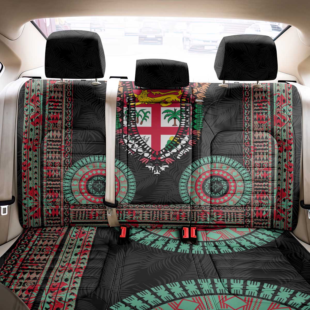 Fiji Coat of Arms Traditional Dashiki Back Car Seat Cover Tapa Art and Palm Leaves Pattern Black Color LT03 - Polynesian Pride