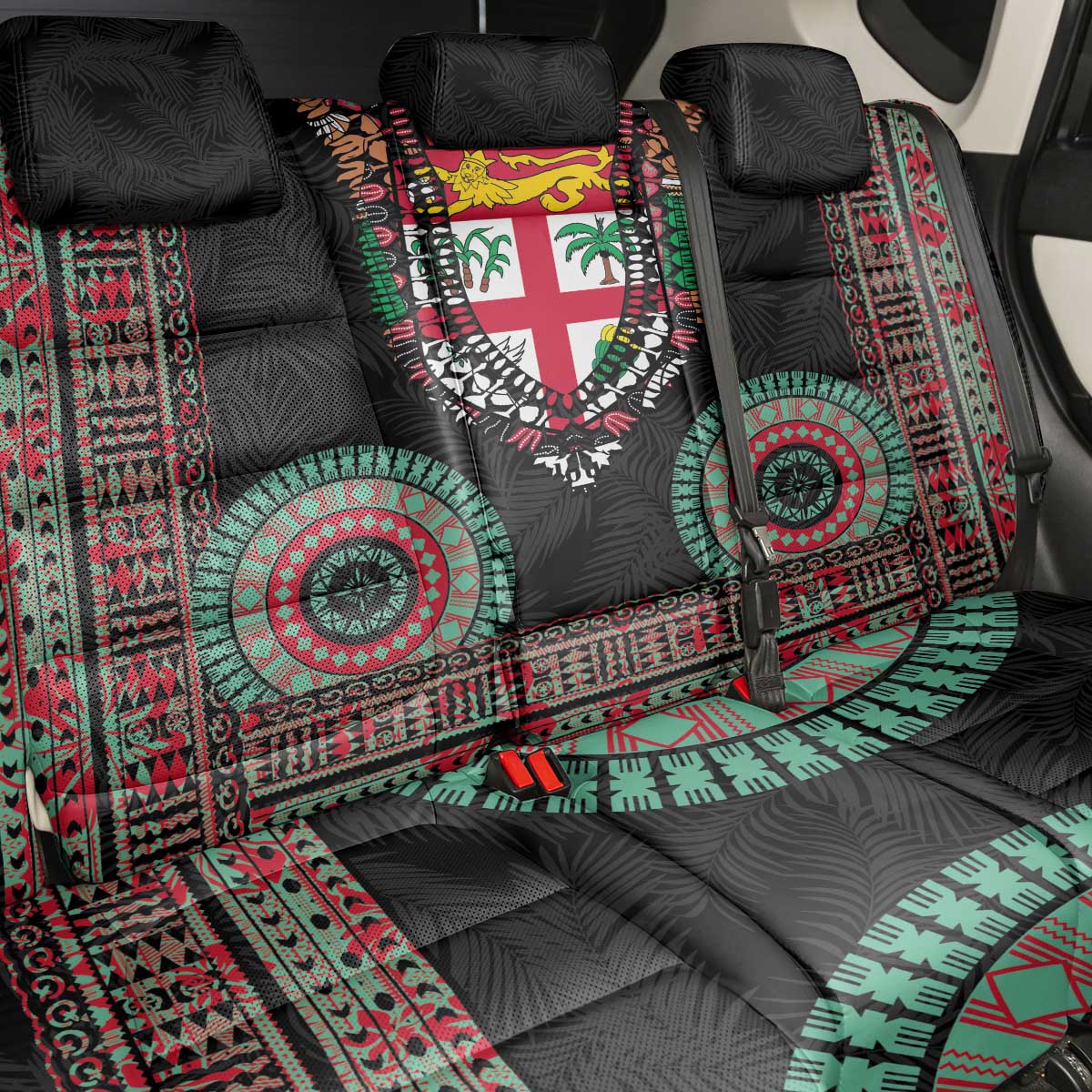 Fiji Coat of Arms Traditional Dashiki Back Car Seat Cover Tapa Art and Palm Leaves Pattern Black Color LT03 - Polynesian Pride