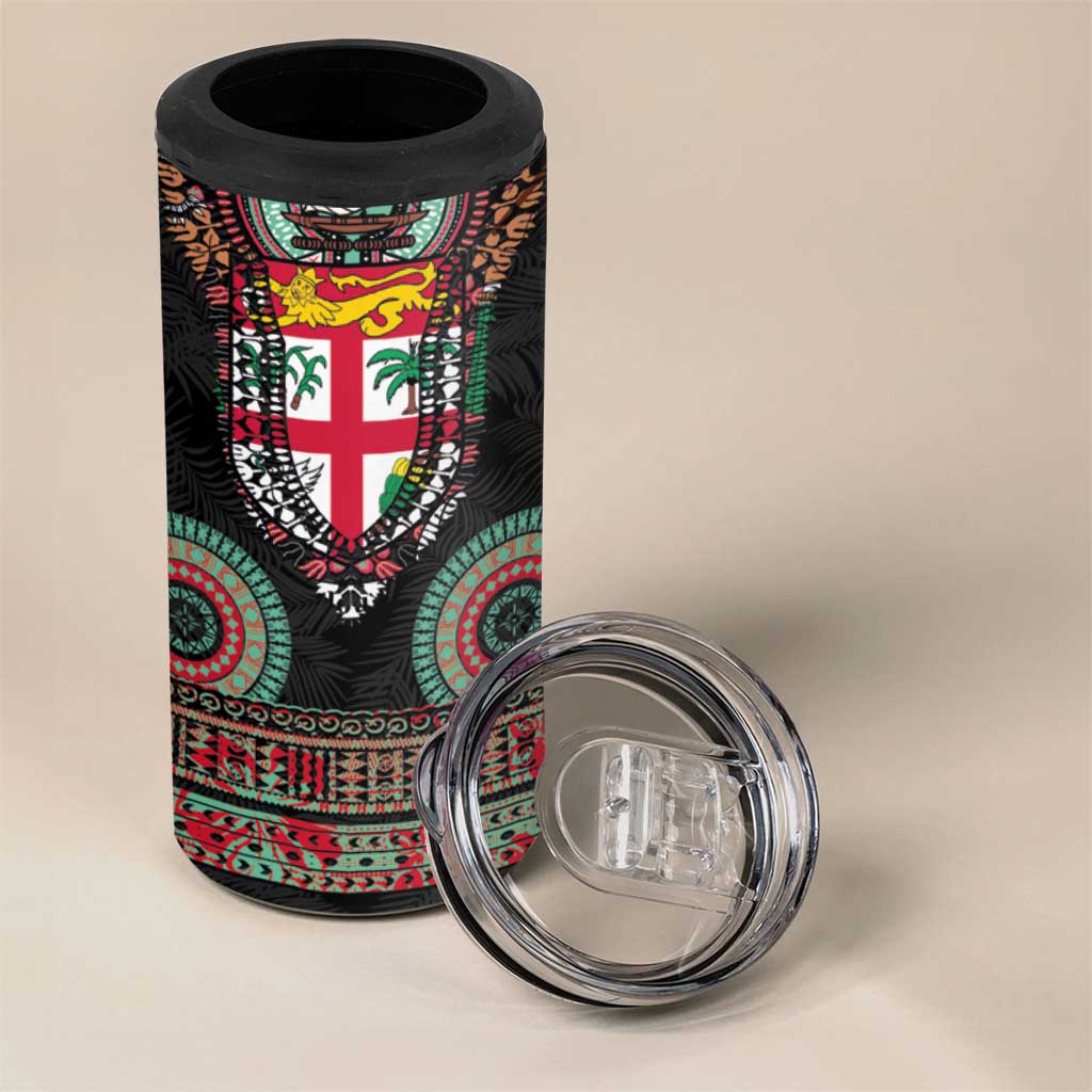 Fiji Coat of Arms Traditional Dashiki 4 in 1 Can Cooler Tumbler Tapa Art and Palm Leaves Pattern Black Color LT03 - Polynesian Pride